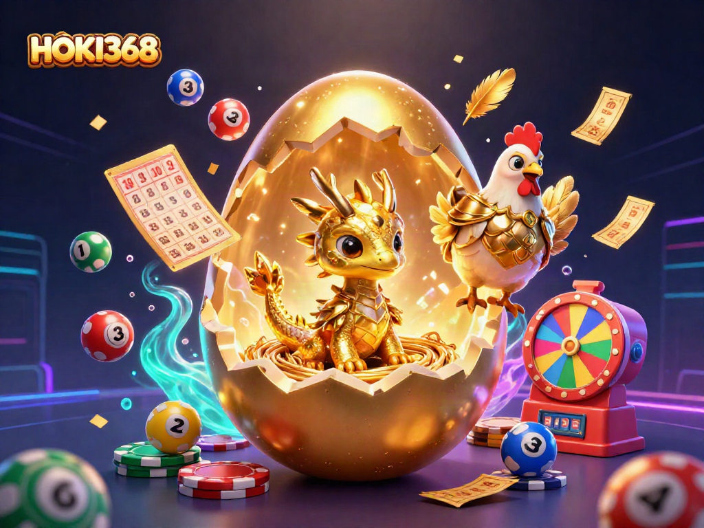 Experience the thrill of HOKI368 with a vibrant 3D dragon and casino elements in this dynamic scene.