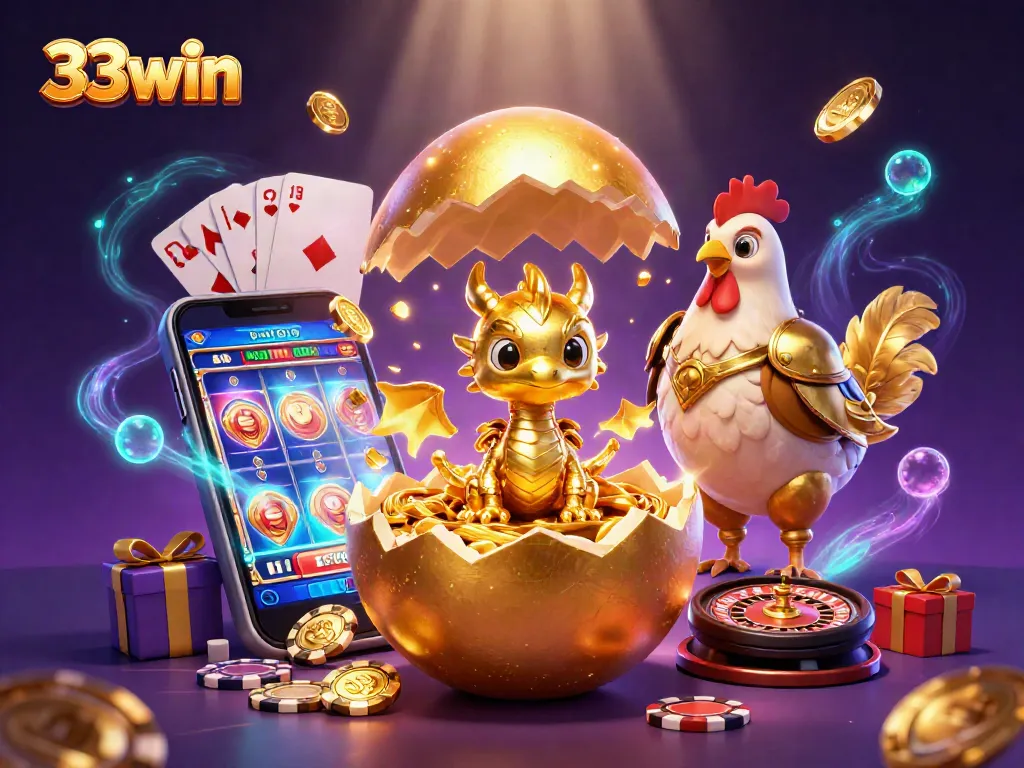 33win showcases a golden dragon emerging from a casino atmosphere filled with poker chips, slot games, and festive decorations.