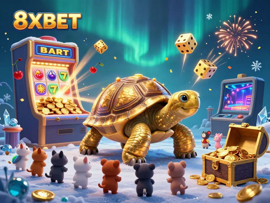 Play exciting casino games at 8XBET with a vibrant 3D illustration featuring golden tortoise and slot machine.