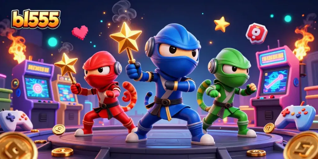 Experience epic wins with the bl555 ninja team battling through vibrant casino game elements.