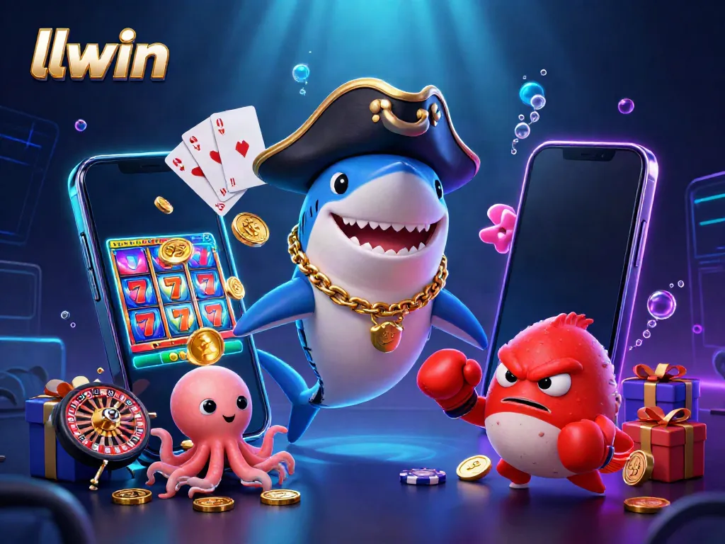 llwin features a vibrant 3D illustration with a cartoon shark, pufferfish, and octopus celebrating casino games.