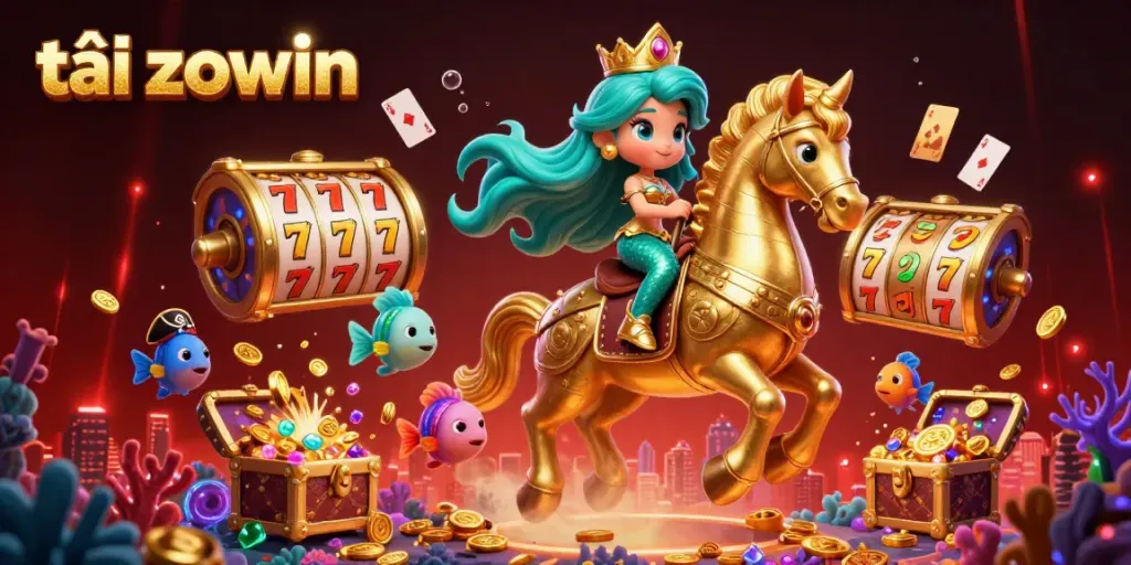 Experience the thrill of gambling with tải zowin in this vibrant casino scene featuring a cartoon mermaid princess and seahorse.