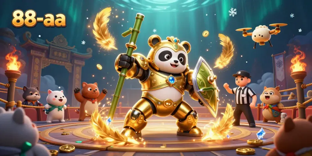 Engage in thrilling gaming action with 88-aa, golden panda piloting a fighting robot in an exhilarating casino arena.