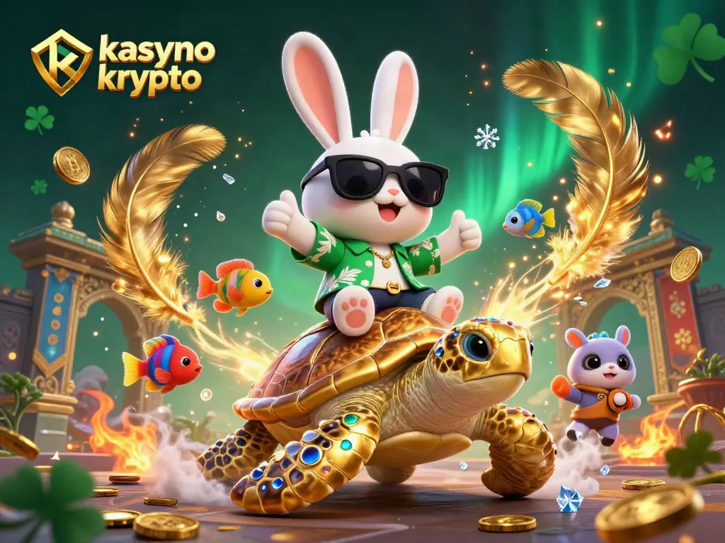 Engaging kasyno krypto scene featuring a lucky rabbit and golden turtle amidst vibrant cryptocurrency themes.
