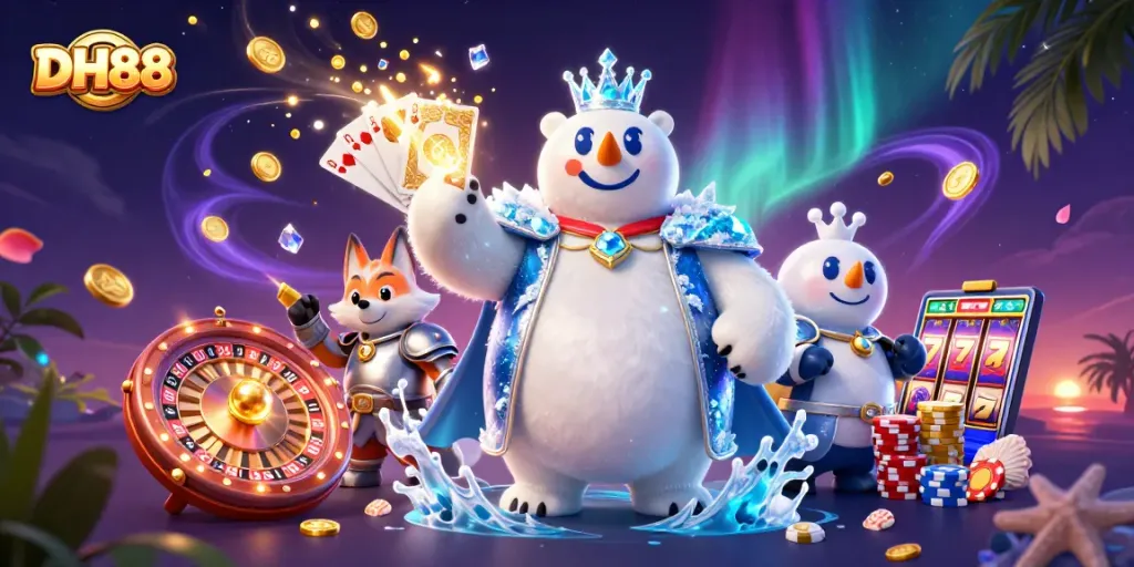 Join the excitement of the DH88 casino with a playful polar bear and fox amidst dazzling gaming elements.