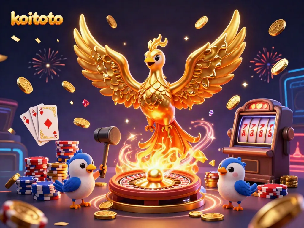 Koin emas dan jalur cahaya memperlihatkan keberuntungan di koitoto, saat Phoenix api menyala dan kartu dimainkan.