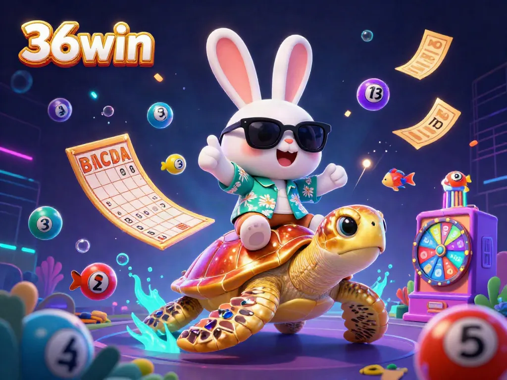 Experience exciting wins with 36win in a vibrant casino scene featuring a lucky rabbit and golden turtle.