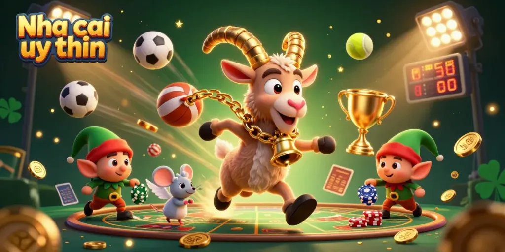 Nha cai uy tin highlights dynamic casino excitement with cartoon Krampus goat and playful characters.