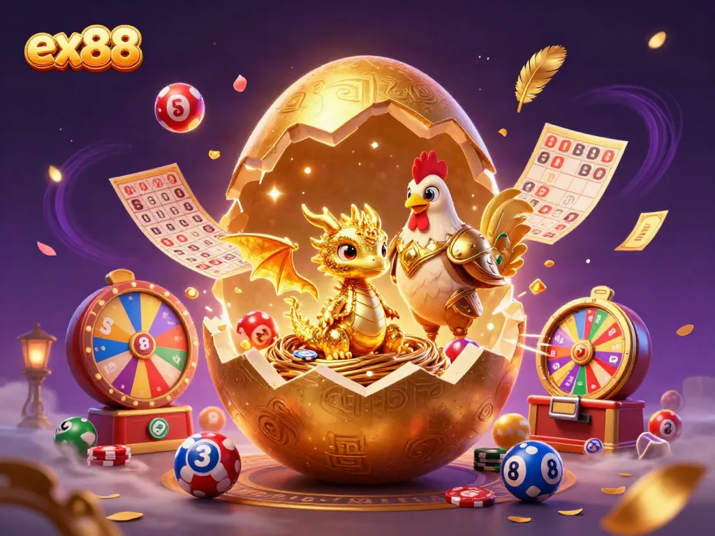 Engage in thrilling games with ex88, featuring a golden dragon and colorful lottery elements.