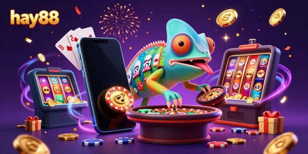 Experience the excitement of hay88 with a dynamic chameleon casino character, colorful slots, and golden coin action.