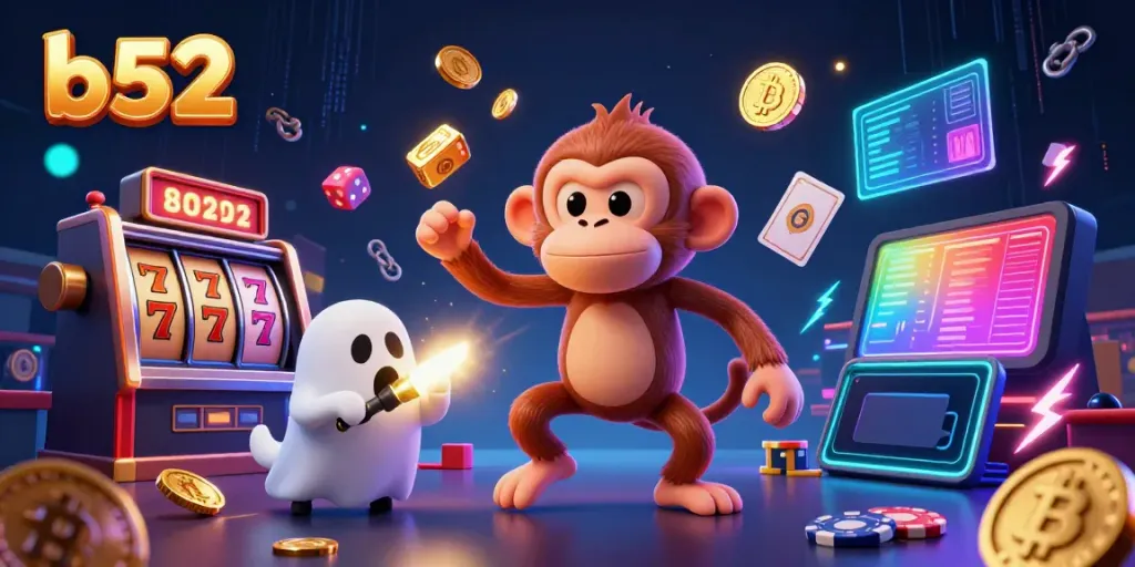 Experience thrilling gameplay with b52 at a haunted casino, showcasing a ghost-hunter puppy and a mischievous monkey juggling coins.