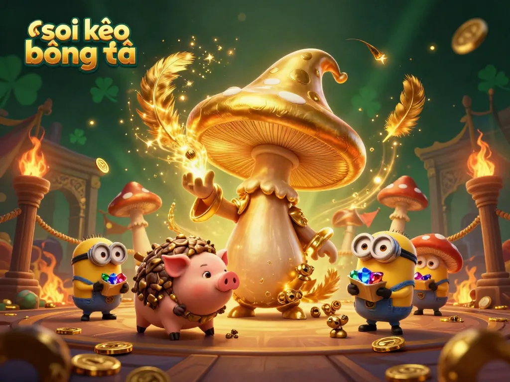 Engage with thrilling gambling action by exploring soi kèo bóng đá in a magical scene with a golden mushroom wizard.