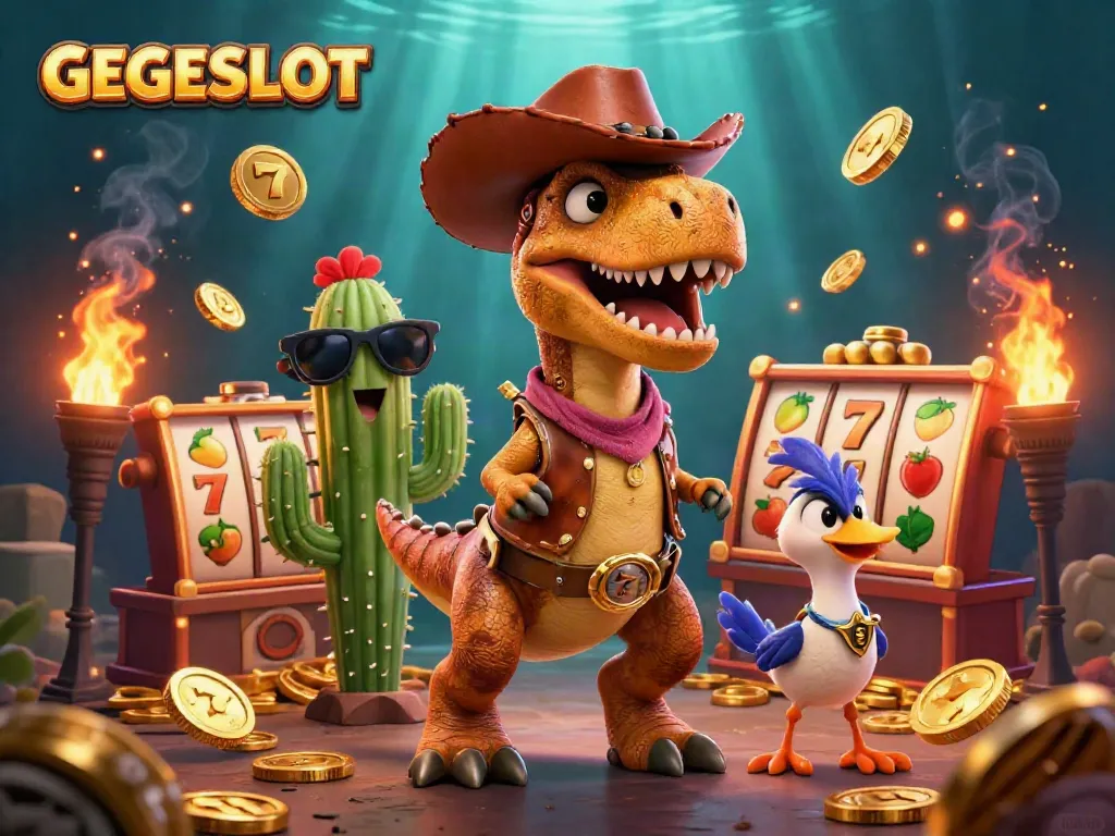 Engage in thrilling GEGESLOT adventures with an exciting 3D scene of a cowboy dinosaur, cactus, and roadrunner amidst slot reels and golden coins.