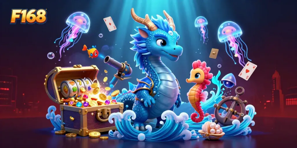 Discover the immersive world of F168 with a vibrant underwater scene featuring a magical dragon, coral knight, and glowing jellyfish.