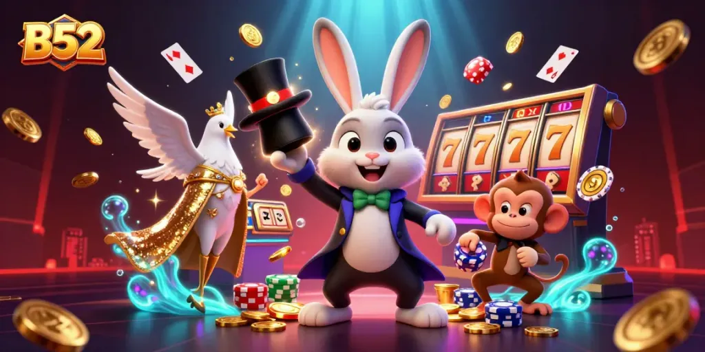 Experience casino magic with the B52 rabbit conjuring golden coins amidst vibrant slot games and playful characters.