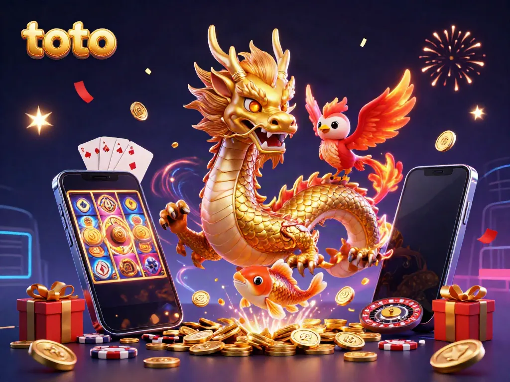 Experience thrilling toto gaming with our vibrant illustration of mythical creatures and casino elements.