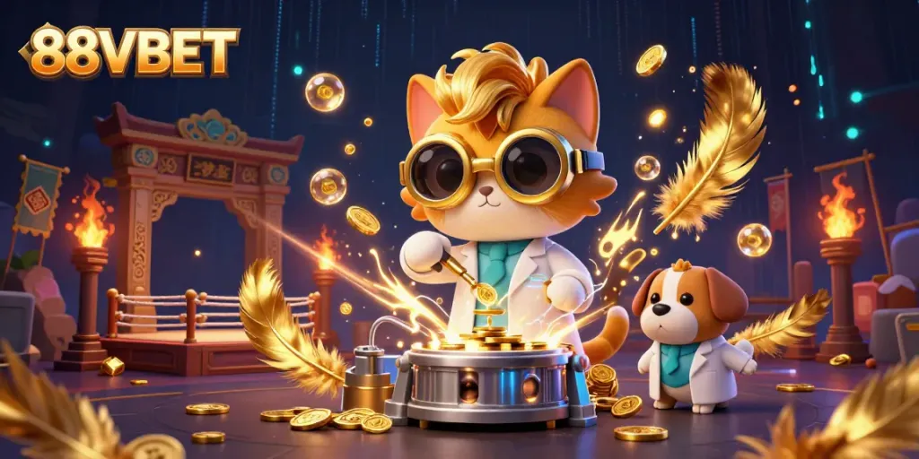 88VBET showcases a vibrant 3D cartoon scene with a mad scientist cat and a dog creating riches.