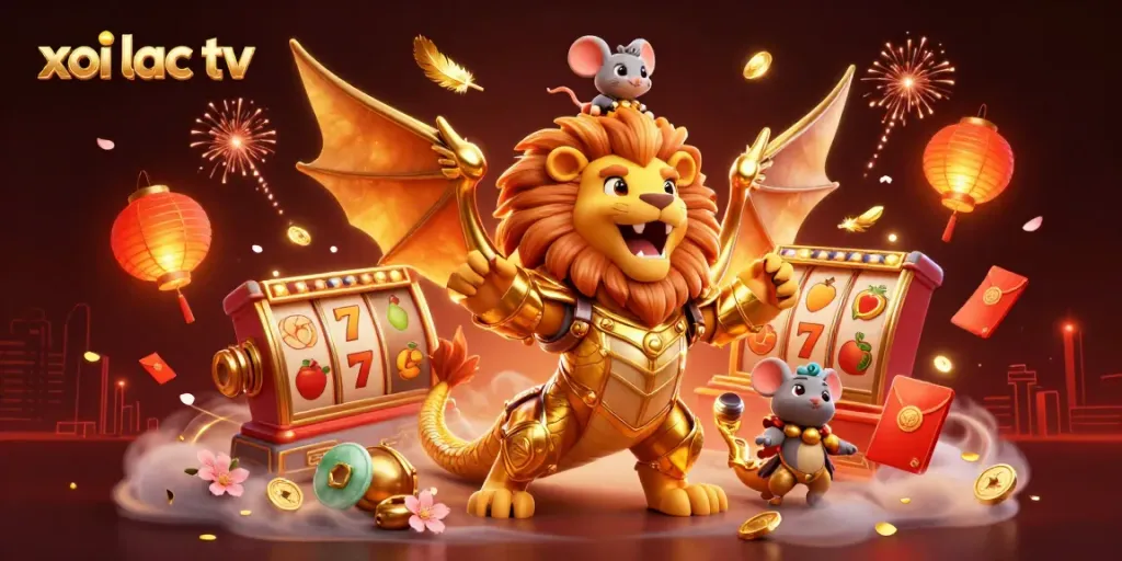 Xoi lac tv showcases vibrant casino excitement with golden chimera, slot reels, and festive elements