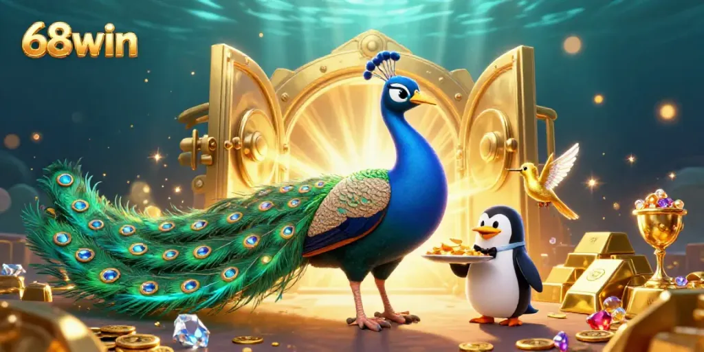 Witness the vibrant 68win casino realm with our ornate peacock, penguin butler, and sparkling treasures.