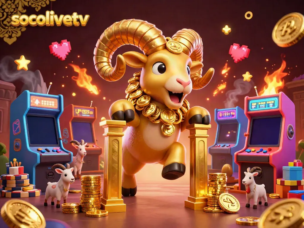 Socolivetv showcases a dynamic 3D scene with a golden ram charging at a golden gate, surrounded by vibrant gaming elements.