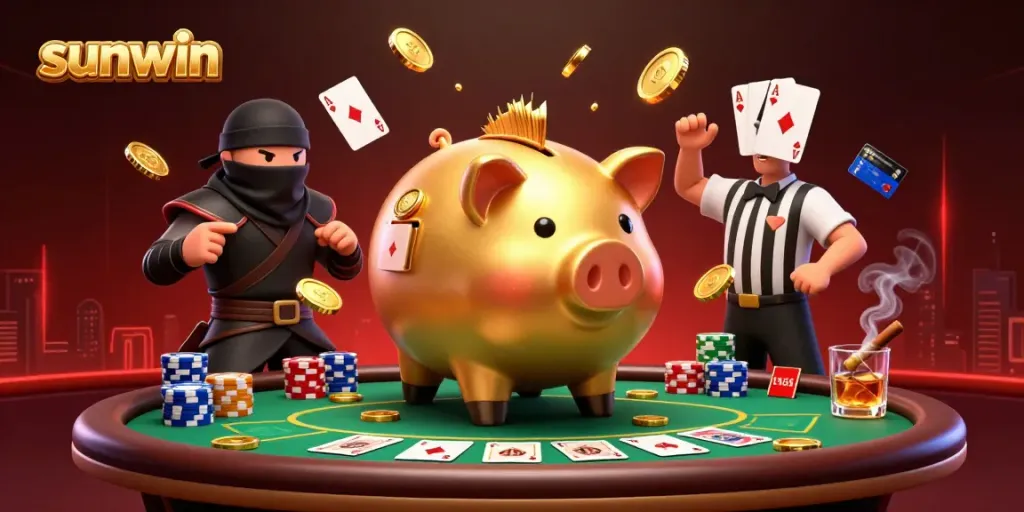 Experience the excitement of sunwin as a golden piggy bank wrestles for poker glory amidst shimmering casino elements.