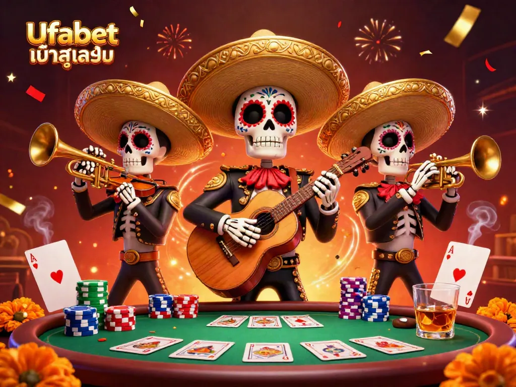 Play and win with Ufabet เข้าสู่ระบบ as a colorful mariachi band celebrates at a poker table.