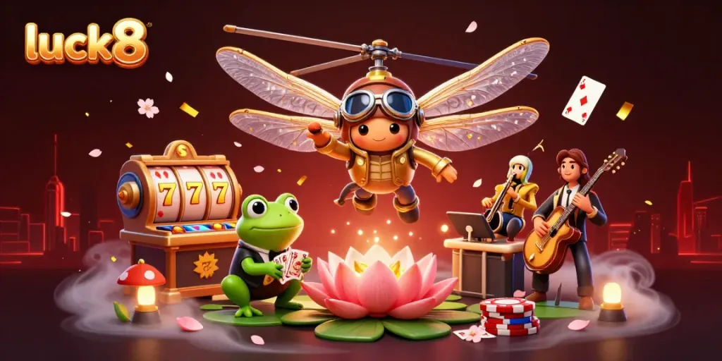 Experience luck8 entertainment as our frog dealer offers cards in a vibrant casino scene.